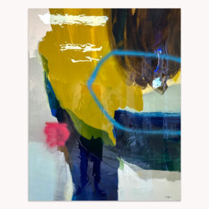 Blue Voltage by Arturo Samaniego, abstract painting of mustard and black masses crossed by a teal arc with red accents