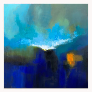 Coastal Lights by Arturo Samaniego, abstract painting of royal blue and turquoise with a white sweep and an orange glow