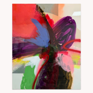 Confluence by Arturo Samaniego, abstract painting of dark gestural strokes crossing fields of red, teal and white