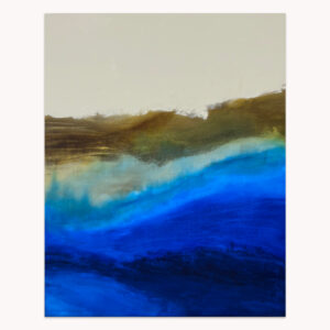 Converging Flows 1 by Arturo Samaniego, abstract painting of a pale grey sky over flowing bands of blue, white and brown