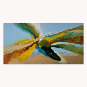 Counter Movement 1 by Arturo Samaniego, wide abstract painting of a teal field crossed by sweeping bronze and gold diagonals