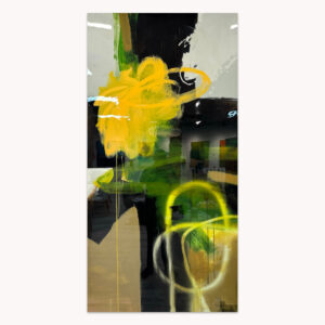 Electric Bloom by Arturo Samaniego, tall abstract painting of yellow blooms, black shapes and looping gold lines
