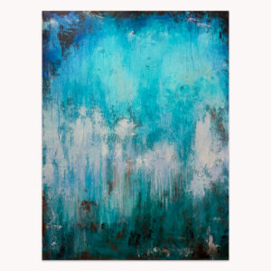 Emerald Depths by Arturo Samaniego, abstract painting of blue and white drips over deep emerald green
