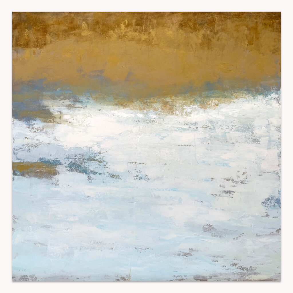 Golden Splendor by Arturo Samaniego, abstract painting of a gold horizon above white and pale blue textured layers