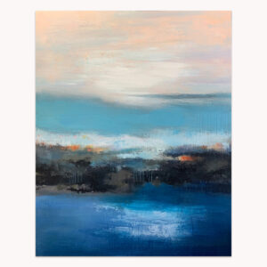 Horizon Break by Arturo Samaniego, abstract painting of a soft pink sky over a teal horizon and a dark navy sea