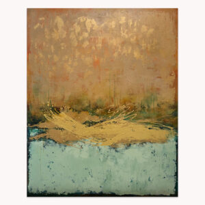 Incorruptible Gold 3 by Arturo Samaniego, abstract painting of a tan and bronze field over a textured gold band and pale blue base