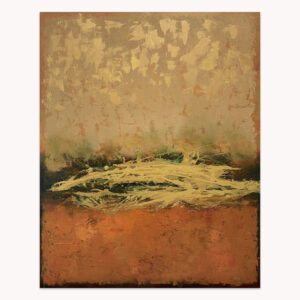 Incorruptible Gold #4 by Arturo Samaniego, abstract painting of a bronze field over a textured gold and rust band with a deep blue base