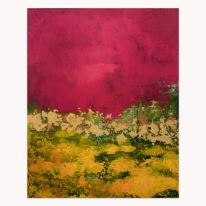 Incorruptible Gold #6 by Arturo Samaniego, abstract painting of a crimson upper field over gold and ochre textures and a dark base