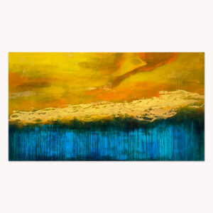 Incorruptible Gold #9 by Arturo Samaniego, abstract painting of a wide gold band over deep teal with dripping vertical strokes
