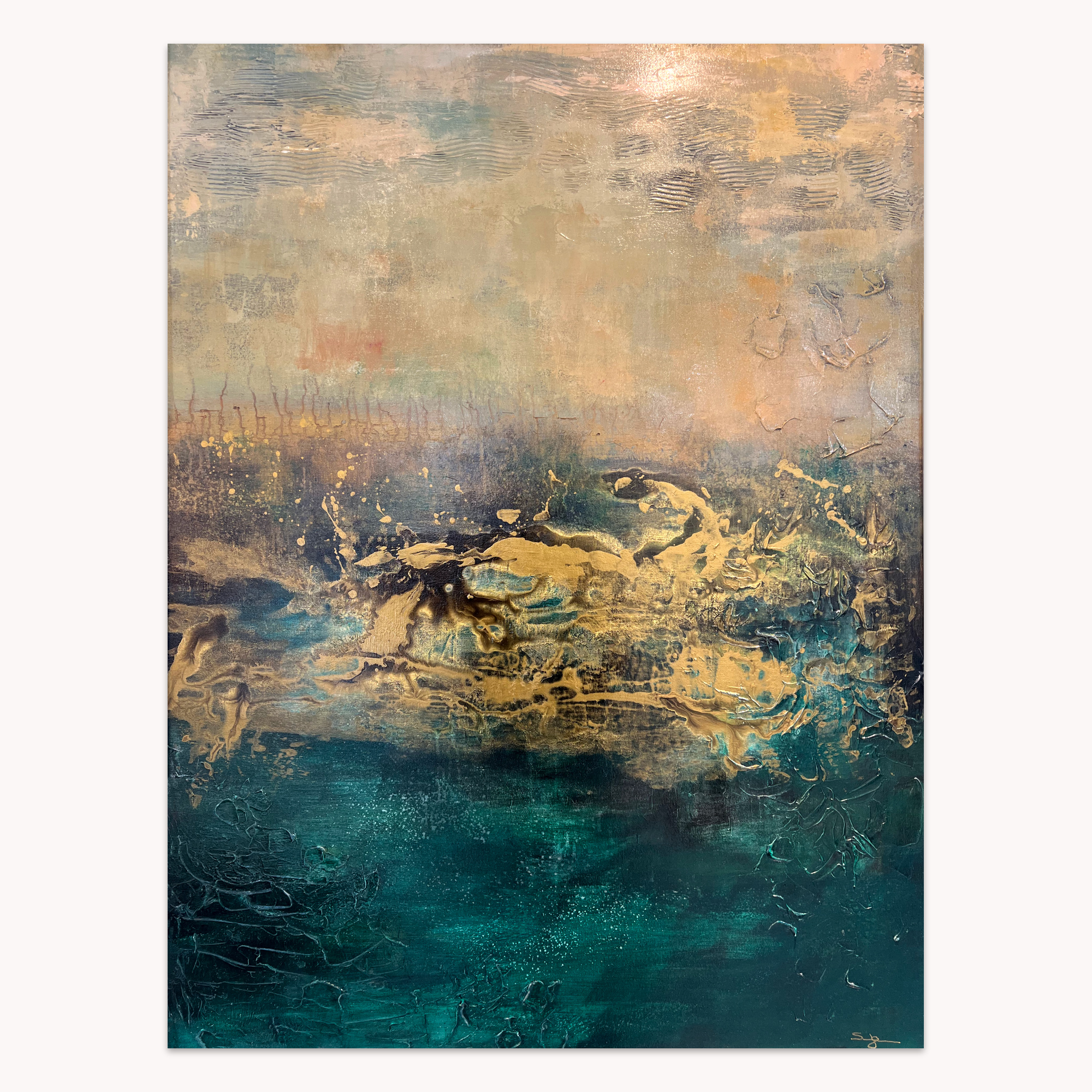 Incorruptible Gold by Arturo Samaniego, abstract painting of gold and ochre textures drifting over deep teal and navy blue