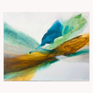 Lift Not The Painted Veil by Arturo Samaniego, abstract painting of a teal and blue diagonal over a sweep of bronze on white