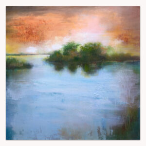 Marsh Twilight by Arturo Samaniego, abstract painting of a peach sky, a dark tree line and pale blue water