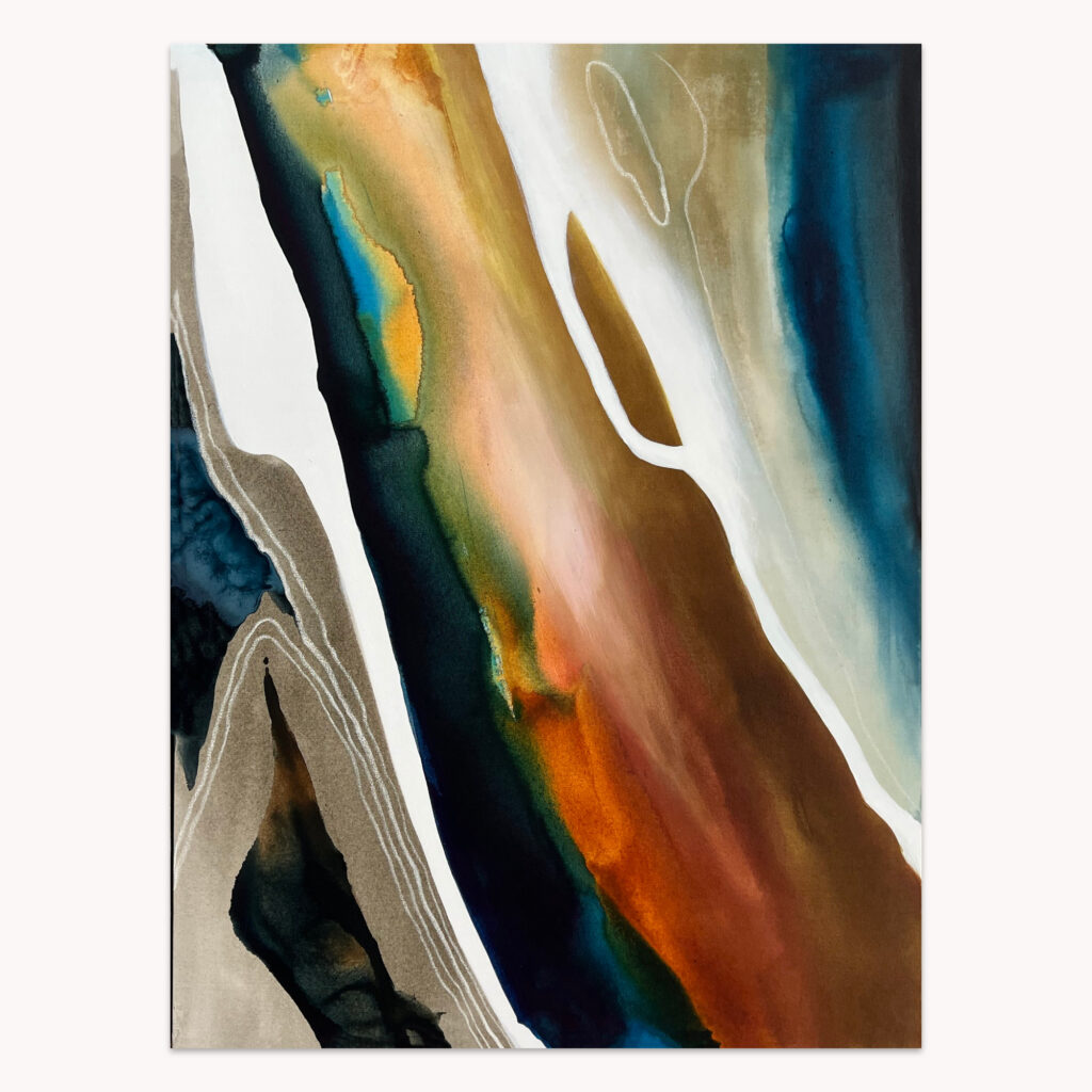 Merging Flows by Arturo Samaniego, abstract painting of diagonal flowing bands of black, white, teal, red and gold