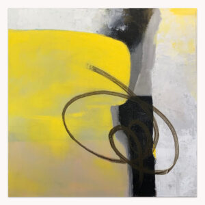 Mid Century Gold by Arturo Samaniego, abstract painting of a yellow block beside white with a black vertical and a looping line