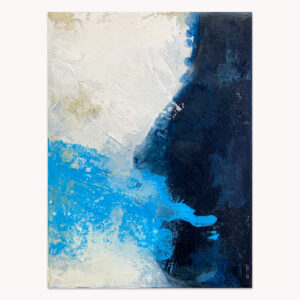Minor Chord 5 by Arturo Samaniego, abstract painting of white, navy and bright turquoise blocks meeting in vertical strokes