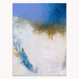 Minor Chords 2 by Arturo Samaniego, abstract painting of pale blue and white with a bronze band and blue arcs