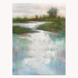 Mystical Landscape #3 by Arturo Samaniego, abstract painting of a grey sky, dark trees and pale reflective water
