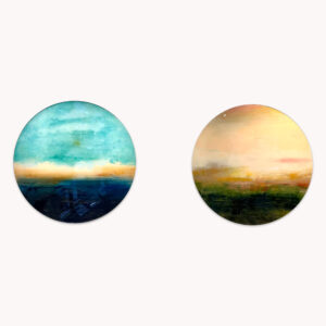 Mystical Scapes Tondo Diptych by Arturo Samaniego, abstract diptych of two round canvases with gold horizons between teal skies and dark water