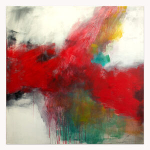 Perennial Flame by Arturo Samaniego, abstract painting of sweeping red and white strokes with black and gold accents