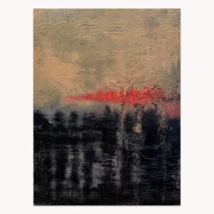 Red Roots by Arturo Samaniego, abstract painting of a khaki upper field, a thin red line and black vertical roots below