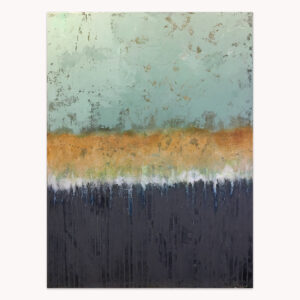 Rothko made Interesting by Arturo Samaniego, abstract painting of a pale blue band over a gold and orange stripe and a deep grey field