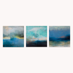 Sea Atmospheres Triptych by Arturo Samaniego, abstract triptych of three panels of blue sea and sky with a white horizon