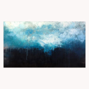 Sea Sound by Arturo Samaniego, wide abstract painting of white and teal over a dark navy band
