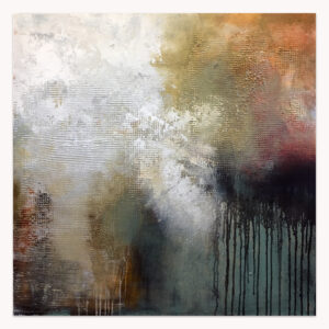 Serenity 4 by Arturo Samaniego, abstract painting of white and grey haze with gold at the upper right and black drips