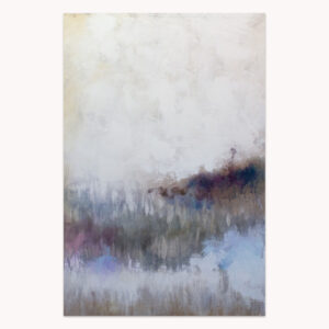 Serenity One by Arturo Samaniego, abstract painting of soft white and grey with a dark blue horizontal band