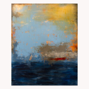 Serenity Three - Fresh blue and Orange by Arturo Samaniego, abstract painting of a pale blue sky, a gold-orange horizon and a deep navy base