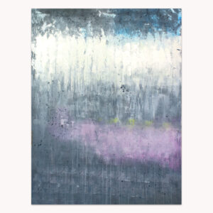 Serenity two by Arturo Samaniego, abstract painting of grey and blue vertical streaks around a bright white band