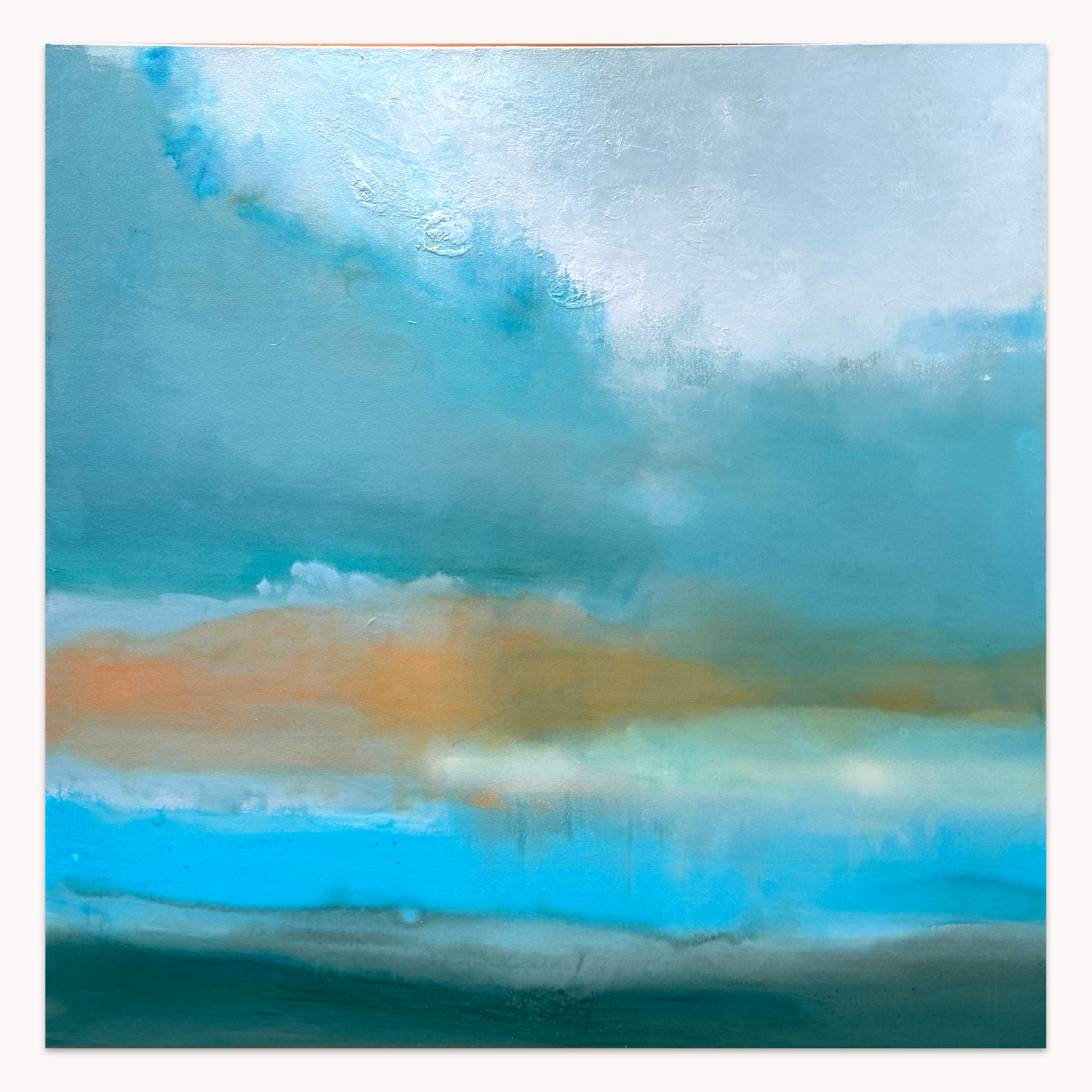 Soft Rains by Arturo Samaniego, abstract painting of a turquoise and white sky over blue with a rust band