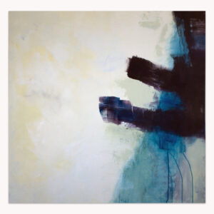 Tides and Flows 2 by Arturo Samaniego, abstract painting of a pale grey field with dark umber shapes and blue drips