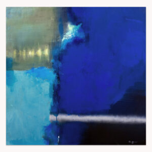Tides and Flows by Arturo Samaniego, abstract painting of deep royal blue and teal with a thin white horizontal line