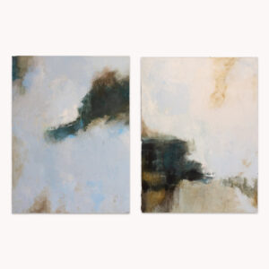 Time StrataDiptych by Arturo Samaniego, abstract diptych of two pale panels with dark umber shapes flowing across them