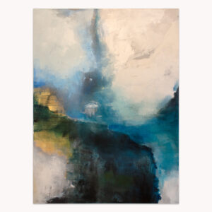 Time like a River by Arturo Samaniego, abstract painting of cream and grey-blue masses over dark navy with a gold accent