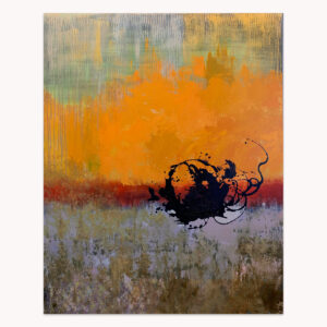 Tokyo Sun by Arturo Samaniego, abstract painting of orange and red bands with a black splash over grey-blue