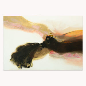 Transparencies of Solitude by Arturo Samaniego, abstract painting of a cream field with a dark brown flowing mass and gold accents