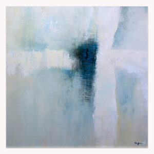 Traverse 1 by Arturo Samaniego, abstract painting of a pale grey and white field with a dark navy vertical form