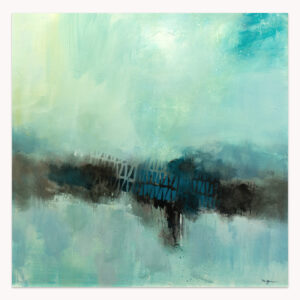 Traverse 2 by Arturo Samaniego, abstract painting of a mint and turquoise field crossed by a dark horizontal band