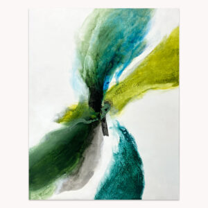 Twin Destinies 1 by Arturo Samaniego, abstract painting of teal, black and gold strokes crossing on a white field