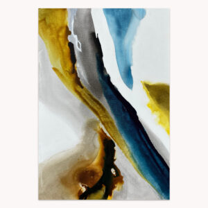 Twin Destinies by Arturo Samaniego, abstract painting of flowing diagonal shapes of teal, black and gold on white