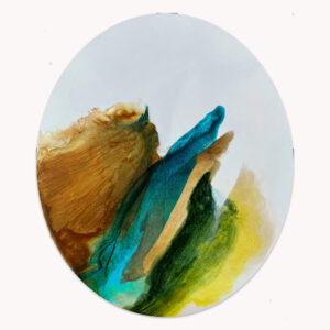 Twin Destinies Oval by Arturo Samaniego, oval abstract painting of diagonal red, teal and gold strokes on white