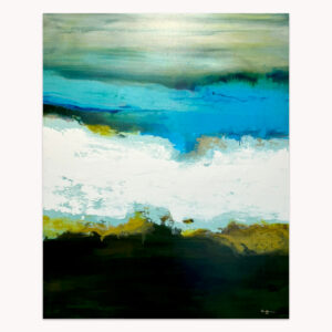 Under Current 1 by Arturo Samaniego, abstract painting of bands of navy, bright blue and white over brown and black