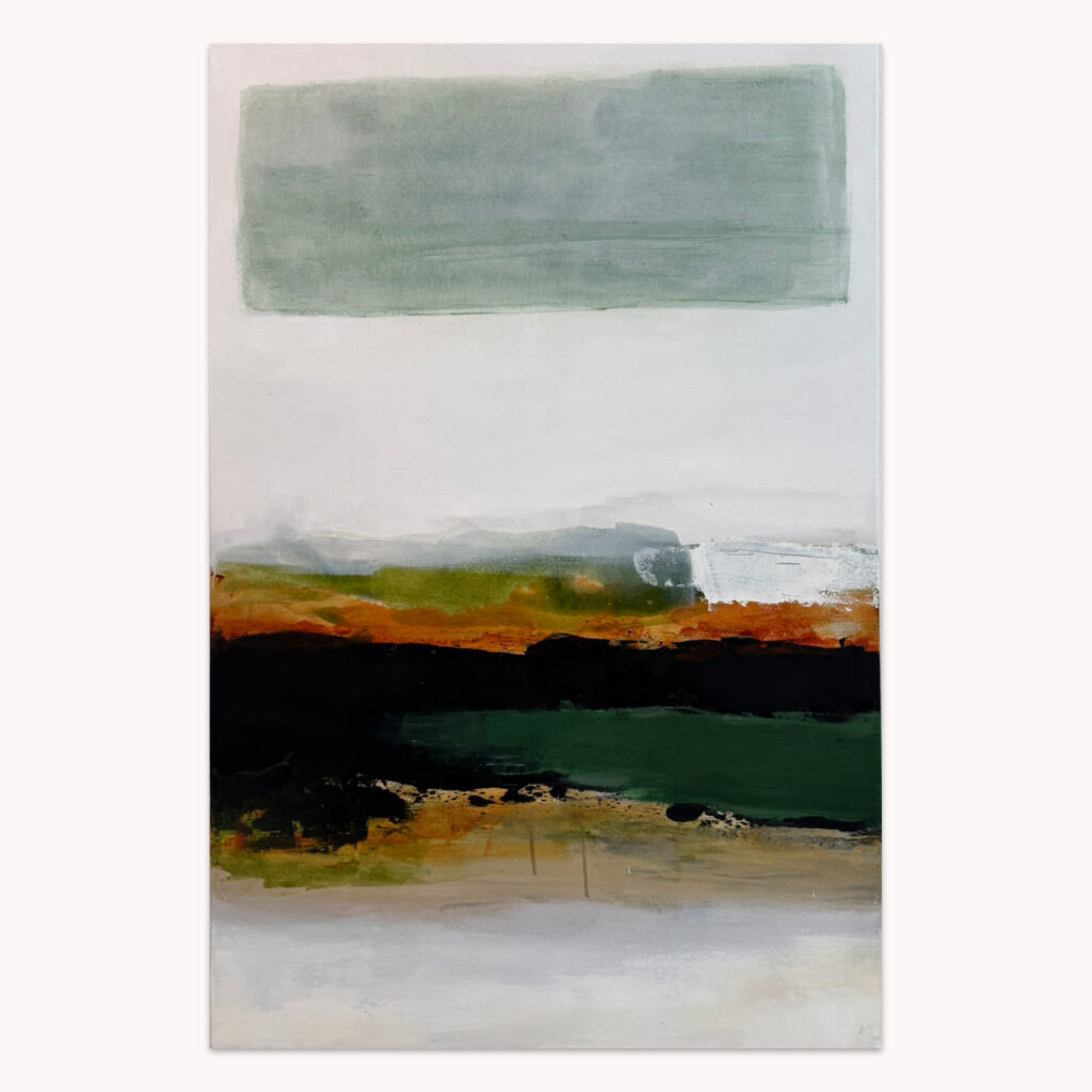 Undercurrent by Arturo Samaniego, abstract painting of a pale grey-green block above white, a thin gold band and a black base