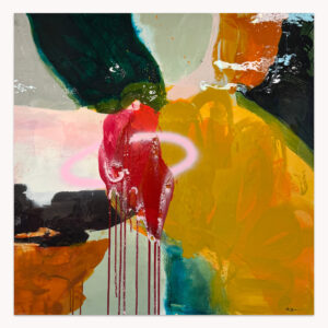 Urban Pulse by Arturo Samaniego, abstract painting of bold mustard, red, black and white shapes with drips
