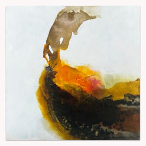 Veils and Revelations by Arturo Samaniego, abstract painting of a white field with a sweeping mass of rust, gold and black